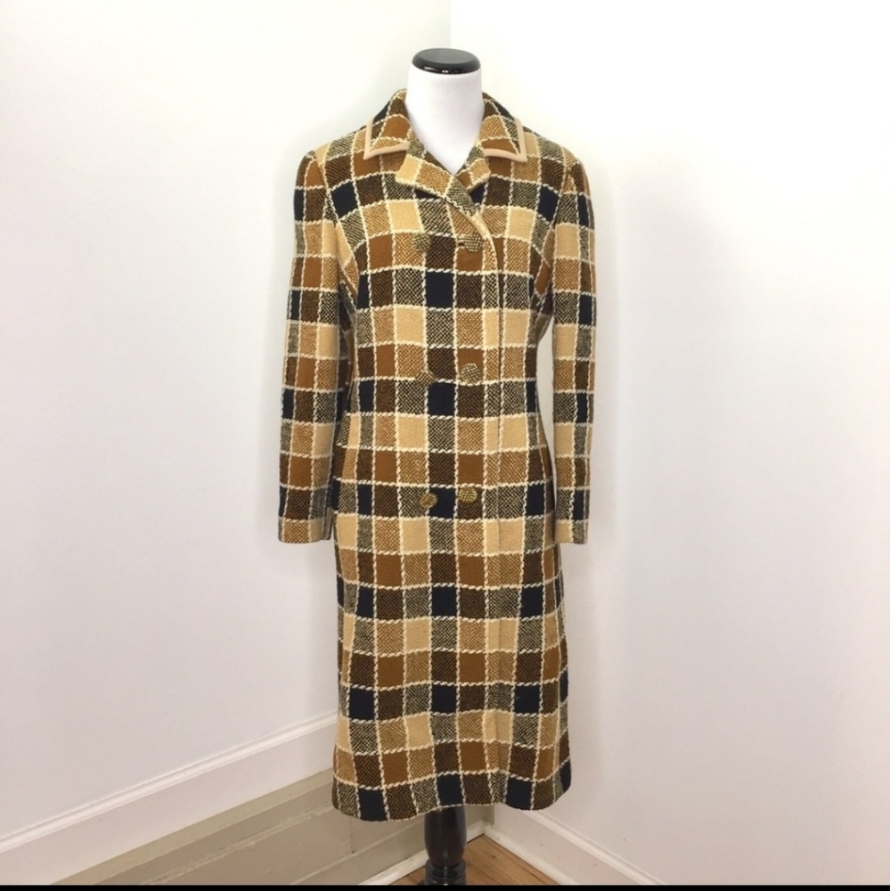 Vintage 50's 60's Brown Check Plaid Pea Coat